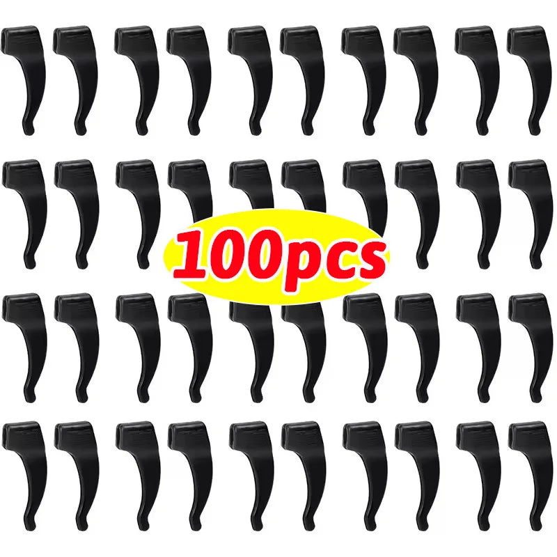 A set of silicone anti-slip ear hooks for eyeglasses, shown in various sizes and angles.