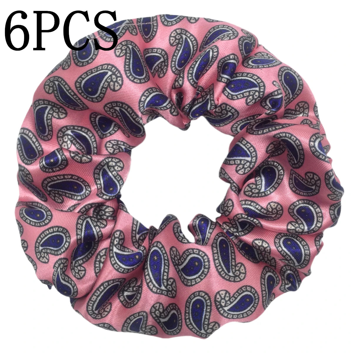 Seis gomas de tela satinada con estampado floral en tonos rosa y azul.