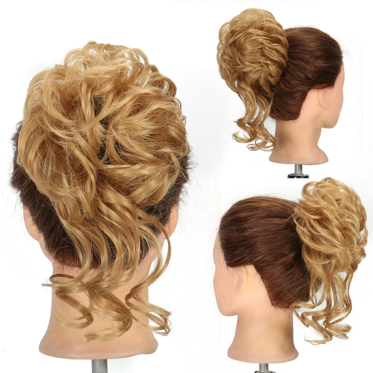 A close-up of synthetic messy hair bun scrunchies in shades of light and medium brown hair.