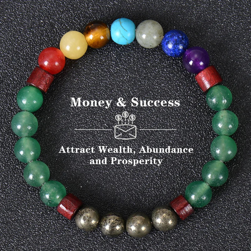 Tiger eye crystal bracelet featuring various colored stones like blue, yellow, and green.