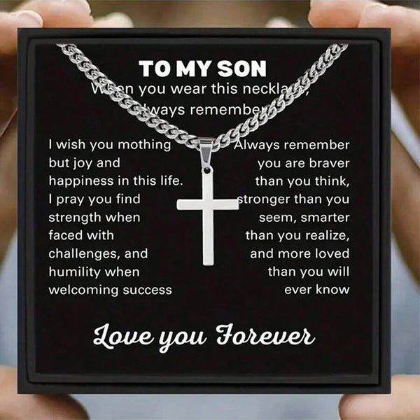 Schwarzes graviertes Edelstahlkreuz-Anhänger-Halskette mit der Botschaft "Für meinen Sohn und ich liebe dich für immer"
