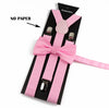 A set of pink polyester suspenders with bow ties and a pink button on a black background.