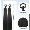 A pack of two black synthetic long straight hair extensions with elastic bands shown next to fluffy hair examples.