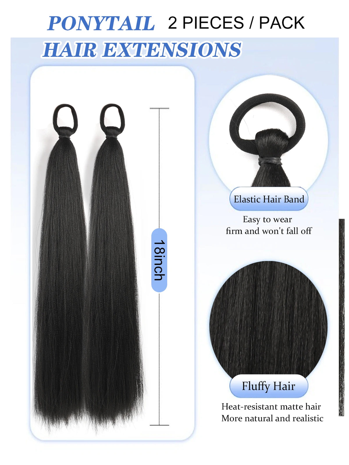 A pack of two black synthetic long straight hair extensions with elastic bands shown next to fluffy hair examples.