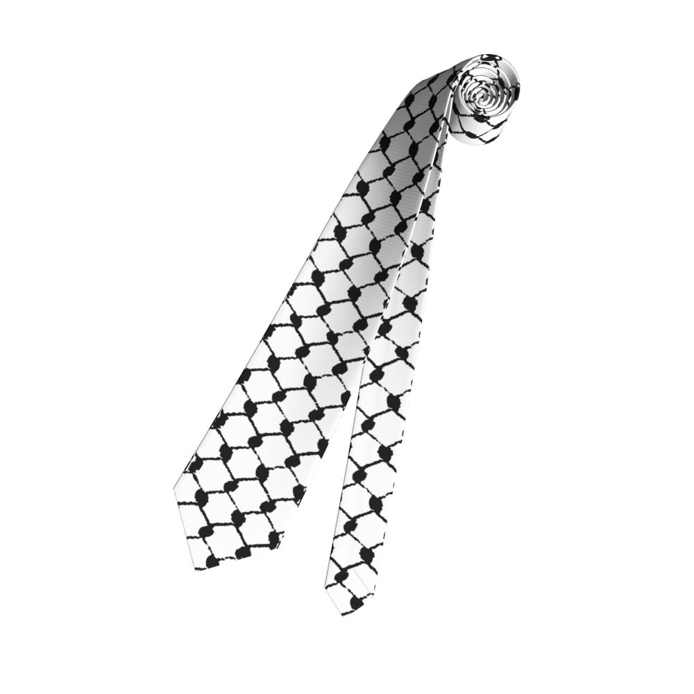 A black and white patterned neck tie featuring a traditional Arabic keffiyeh design.