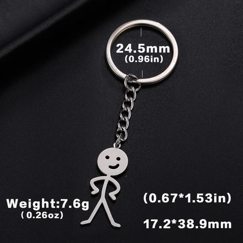 Silver keychain featuring a stickman figure and a circular tag measuring 24.5mm.
