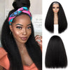 A woman models long straight black synthetic hair with a pink and blue patterned headband.