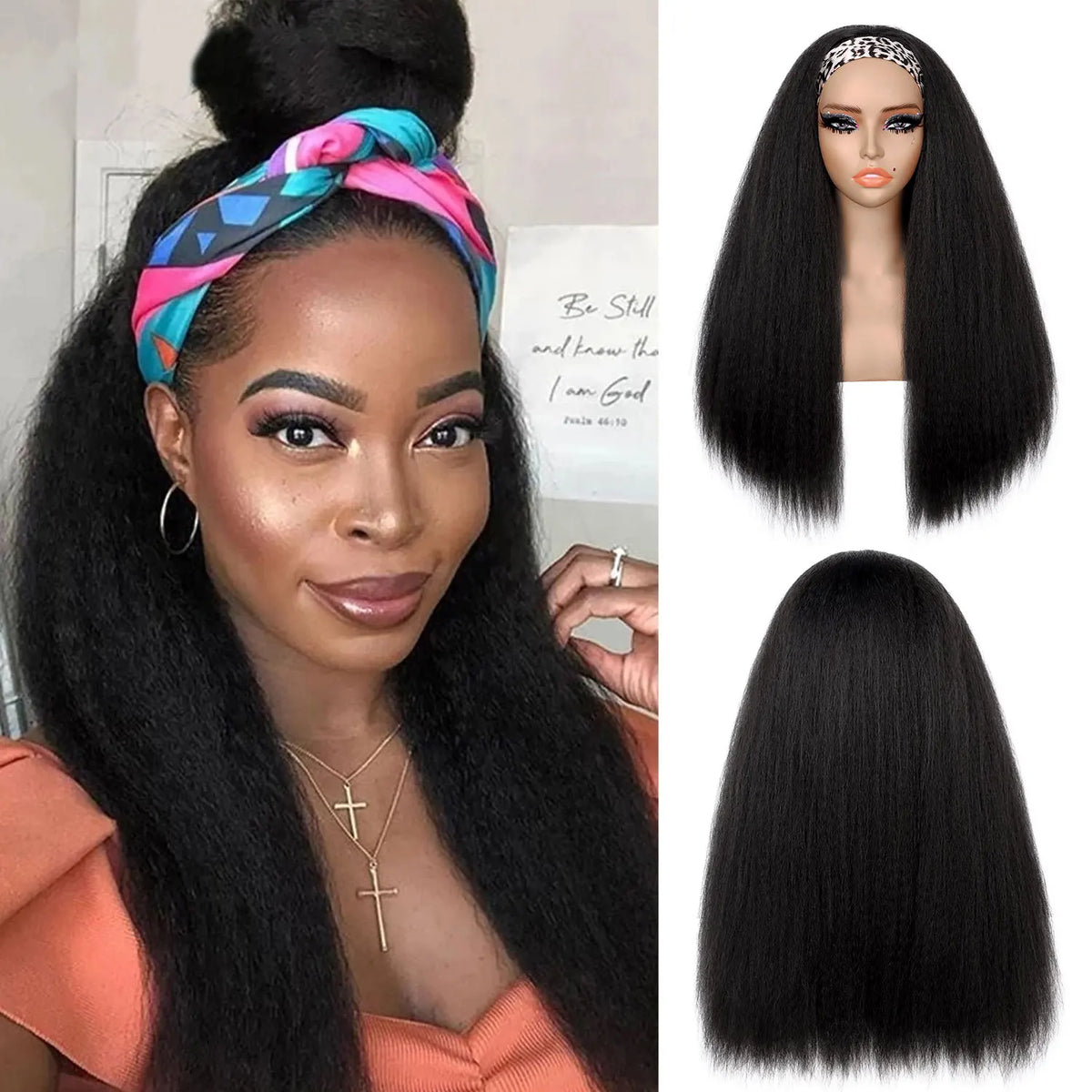 A woman models long straight black synthetic hair with a pink and blue patterned headband.