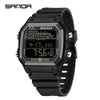 A black digital sports wristwatch with a bezel, display, and crown, featuring an alarm function.