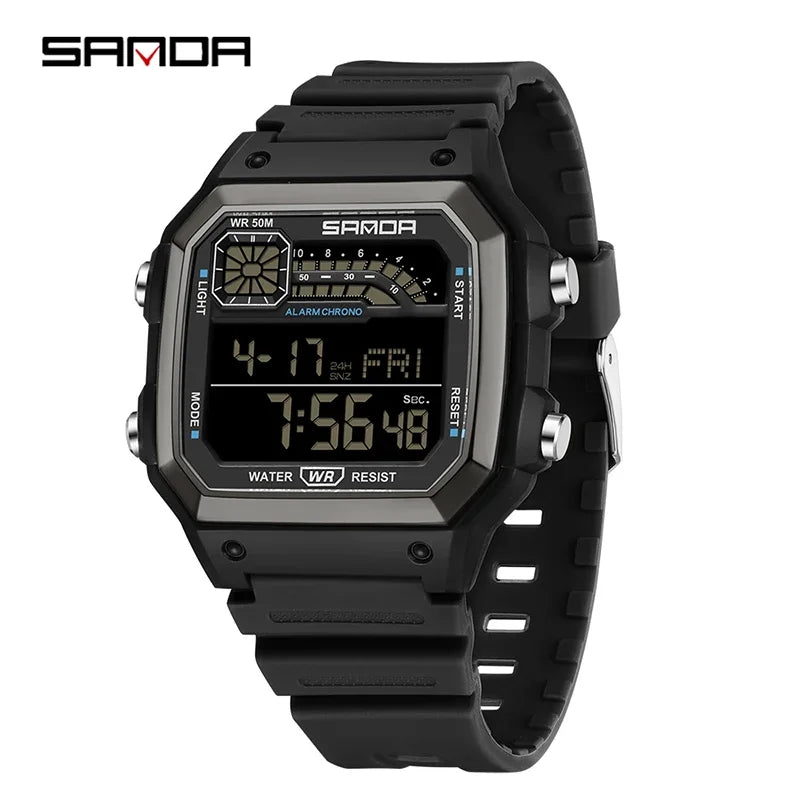 A black digital sports wristwatch with a bezel, display, and crown, featuring an alarm function.