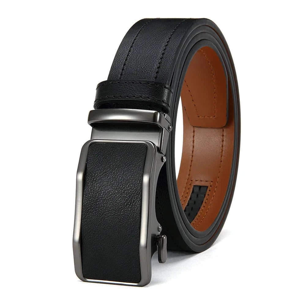A black leather belt with a silver automatic buckle and brown leather strap.