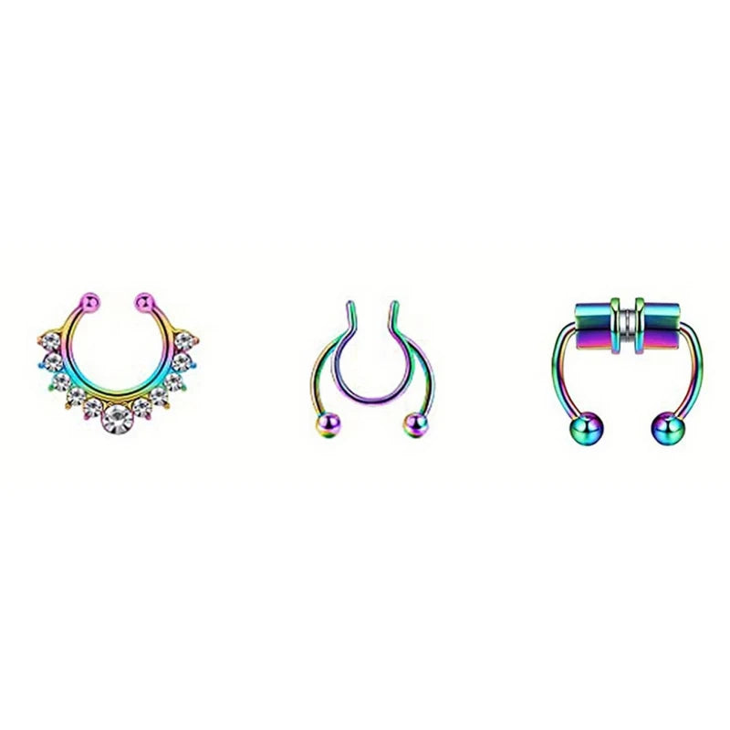 A set of three magnetic stainless steel septum rings with colorful gemstone accents.