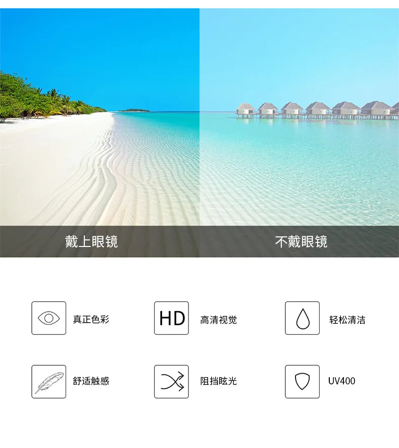 Split image showing vintage cat eye sunglasses in light blue and clear, with features like HD vision and UV400 protection.