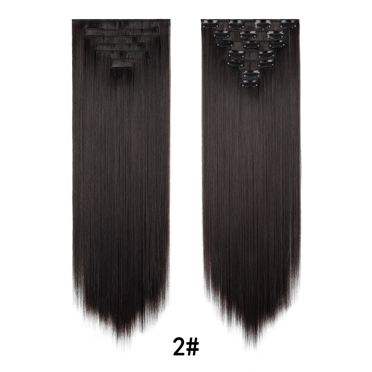 A pair of long, straight black hair extensions with clip-in attachments.