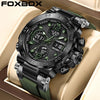 A black and green luxury men's chronograph dive watch is displayed on a beige leather background.