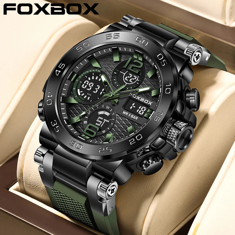 A black and green luxury men's chronograph dive watch is displayed on a beige leather background.
