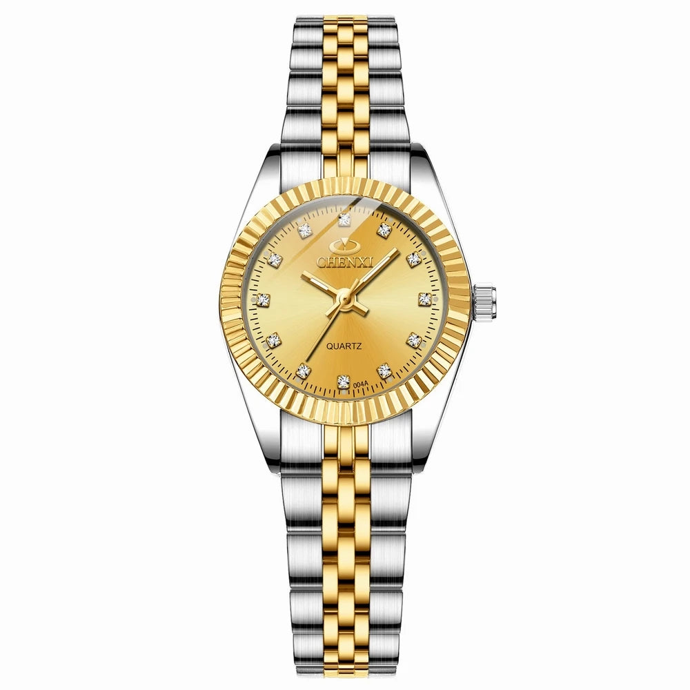 A luxury golden quartz wristwatch with a silver bracelet and gold accents.