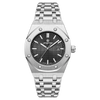 A silver-toned luxury square quartz men's watch with a metal bracelet and dark dial.