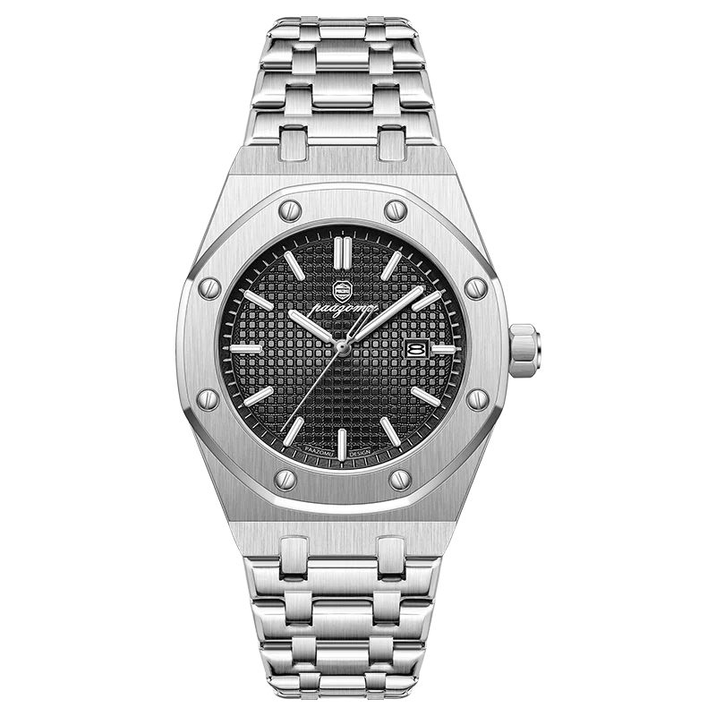 A silver-toned luxury square quartz men's watch with a metal bracelet and dark dial.