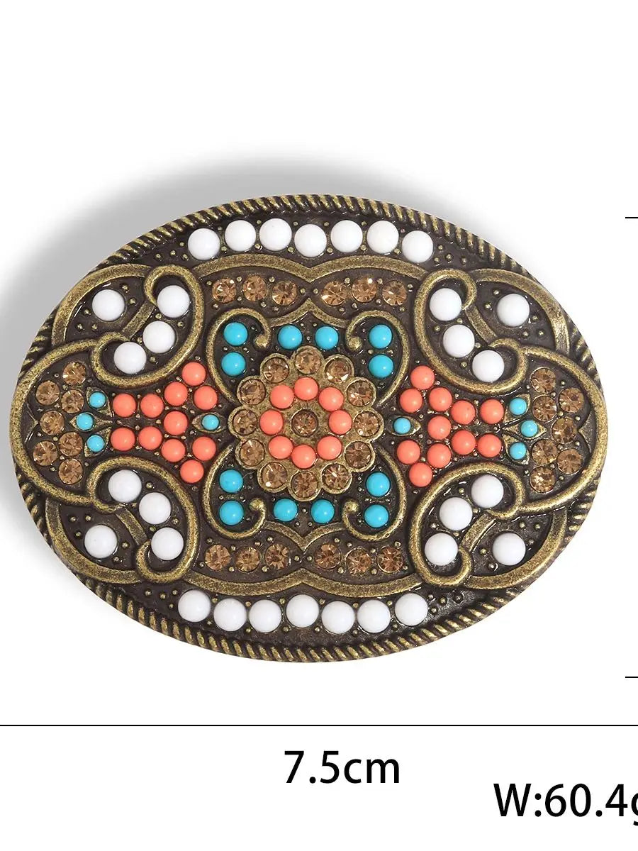 Bohemian türkisfarbener Perlen-Retro-Gürtelspange mit filigraner goldfarbener Metallarbeit und bunten Perlen.