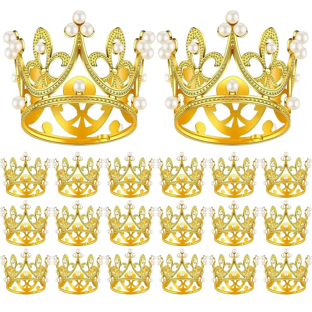 A set of gold and silver mini crown cake toppers for parties