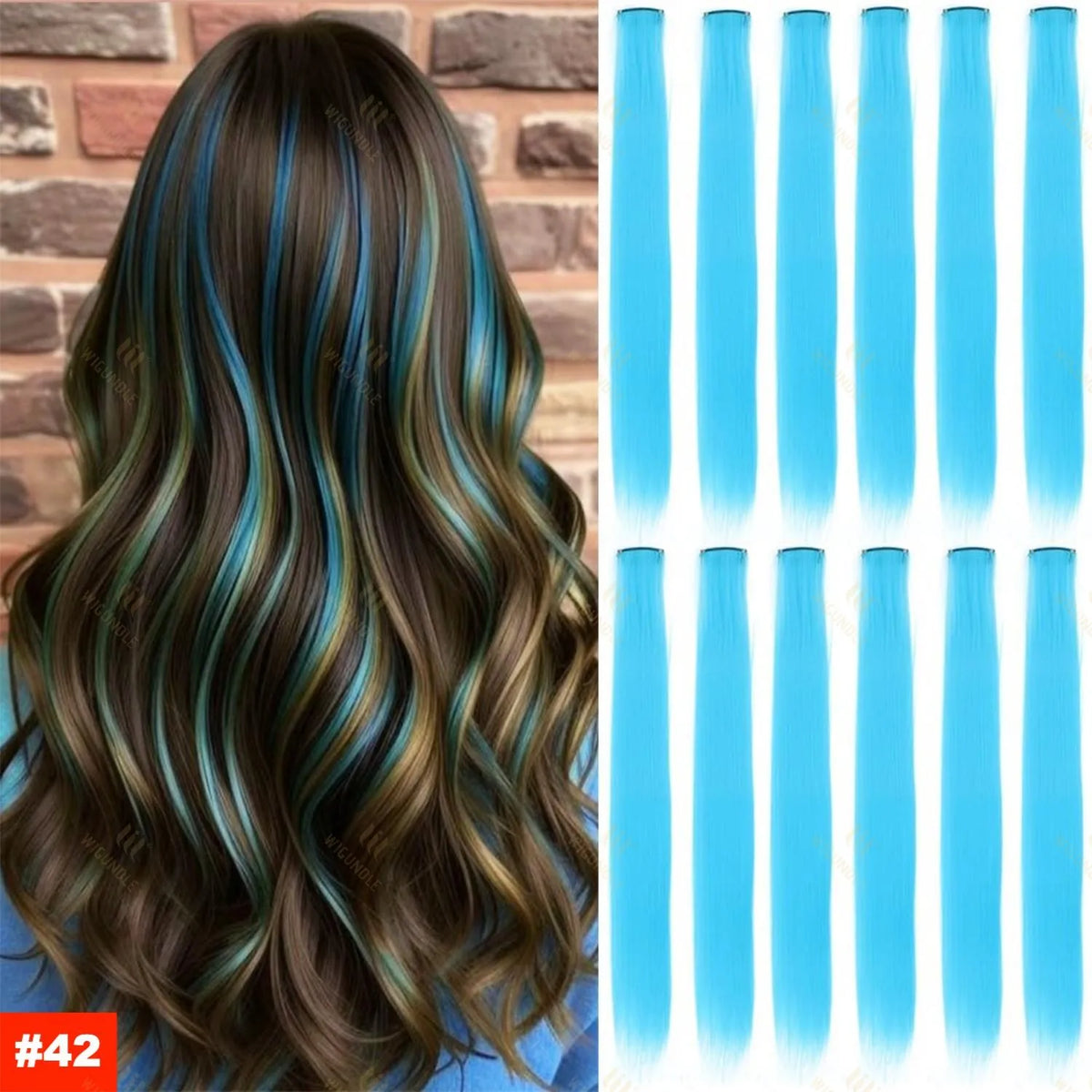A close-up of dark brown hair with vibrant blue and green ombre highlights, shown from the back.