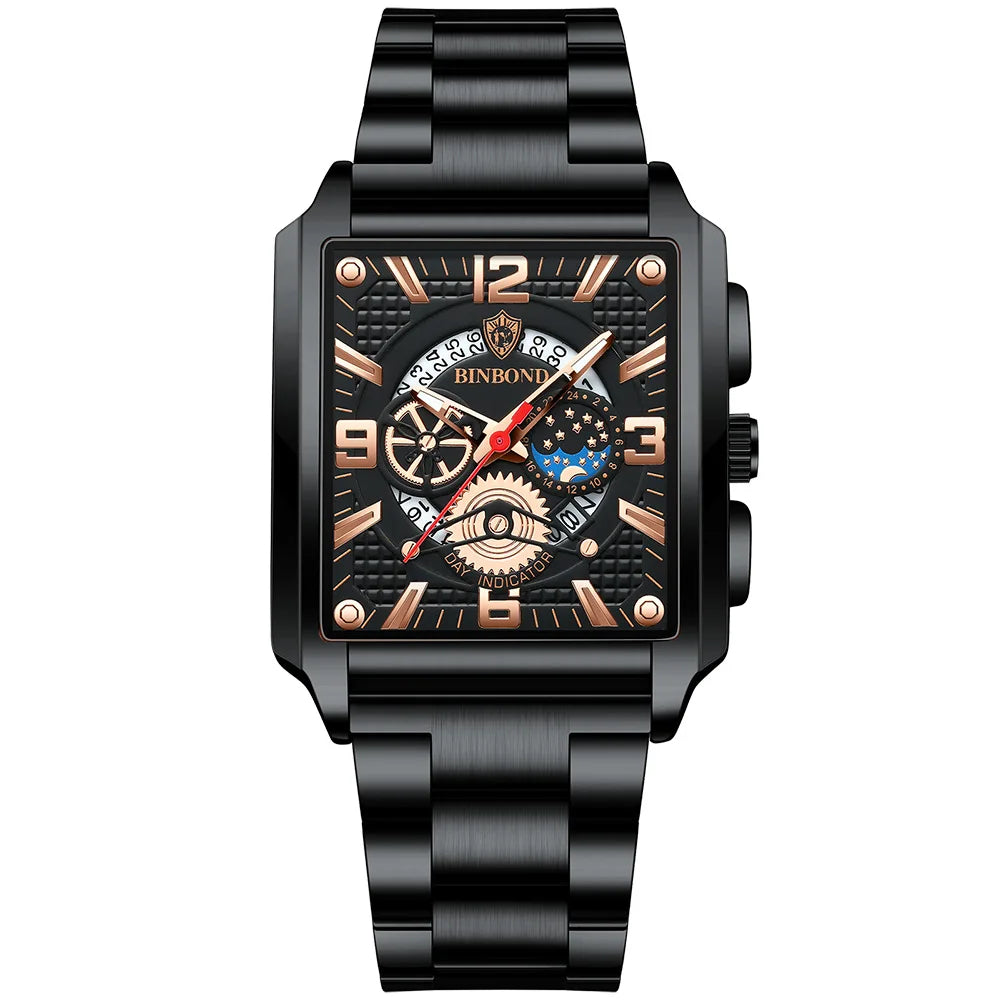 Schwarze Luxus-Quarz-Armbanduhr mit detailliertem Zifferblatt, römischen Ziffern und Zeiger.