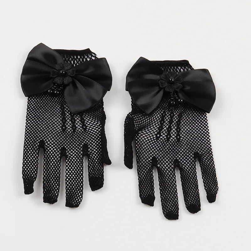 Pair of black mesh finger gloves with large satin bows