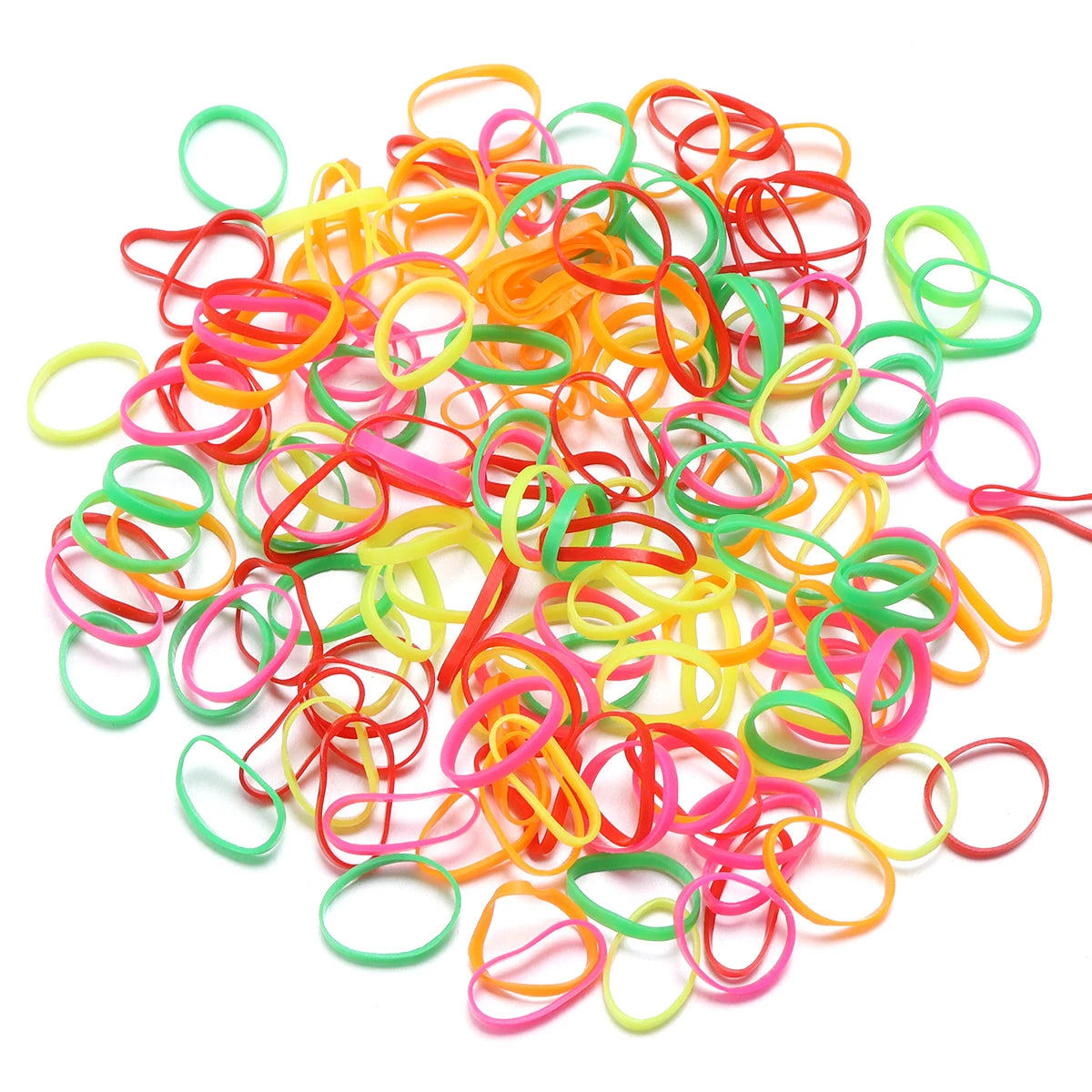 A pile of colorful elastic hair ties in various shades of pink, orange, green, and yellow.