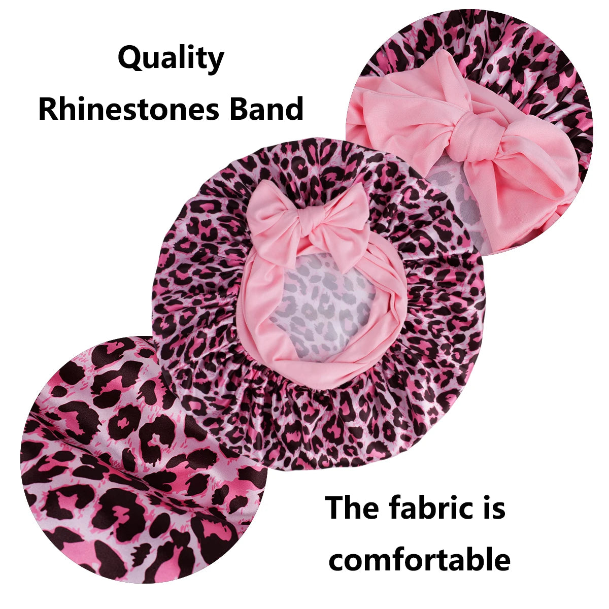 Pink leopard print satin sleep bonnet with a rhinestone band