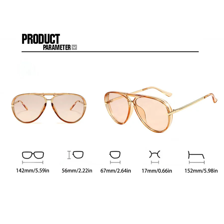 A pair of retro large frame fashion sunglasses with a gold-toned metal frame and tinted lenses.