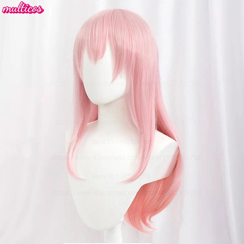 A long pink ombre cosplay wig displayed on a white mannequin.
