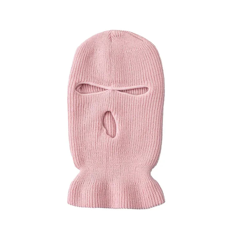 Helle rosa Strickbalaclava mit Gesichtsausschnitt und gerippten Bündchen.