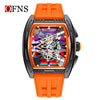 An orange and black luxury wine barrel quartz watch with a detailed mechanical movement visible through the crystal.