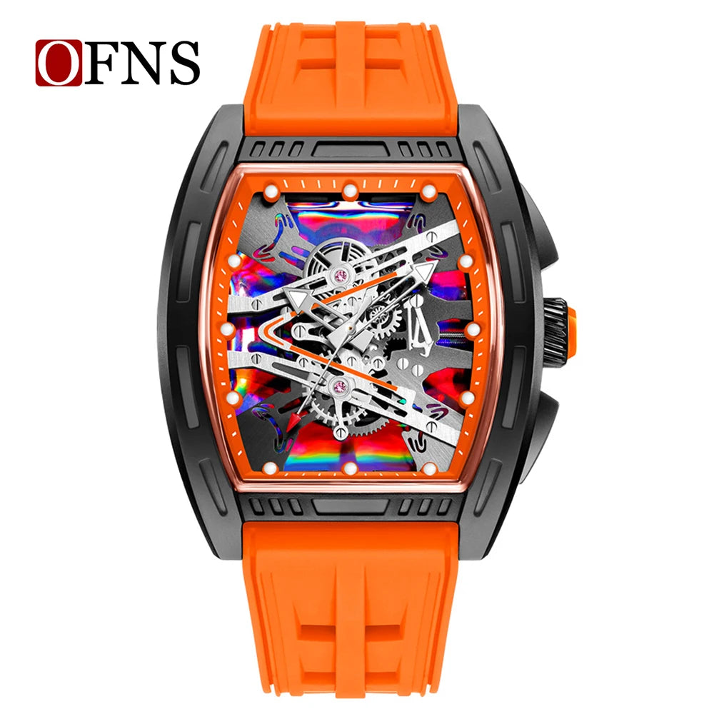 An orange and black luxury wine barrel quartz watch with a detailed mechanical movement visible through the crystal.