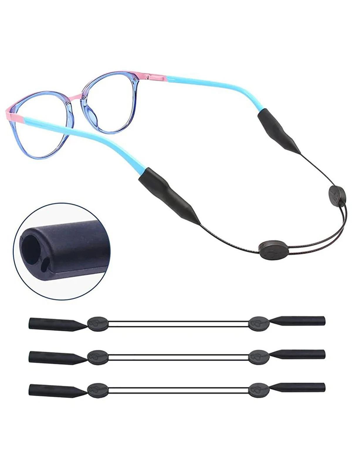 Adjustable anti-slip eyeglass retainer strap with pink and blue frames and multiple sizes