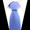 Blue patterned silk necktie worn under a white dress shirt.