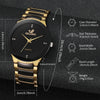 A black and gold analog quartz watch with a leather strap shown with detailed dimensions.