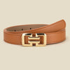 A brown leather belt with a gold-tone buckle shown flat.