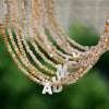 A close-up of a delicate necklace featuring mother of pearl beads and crystal accents, with an initial charm.