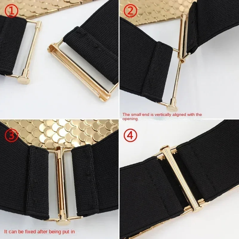 Gros plan d'une ceinture élastique dorée large pour robes ajustées, en tissu noir, montrant divers modes de fixation.