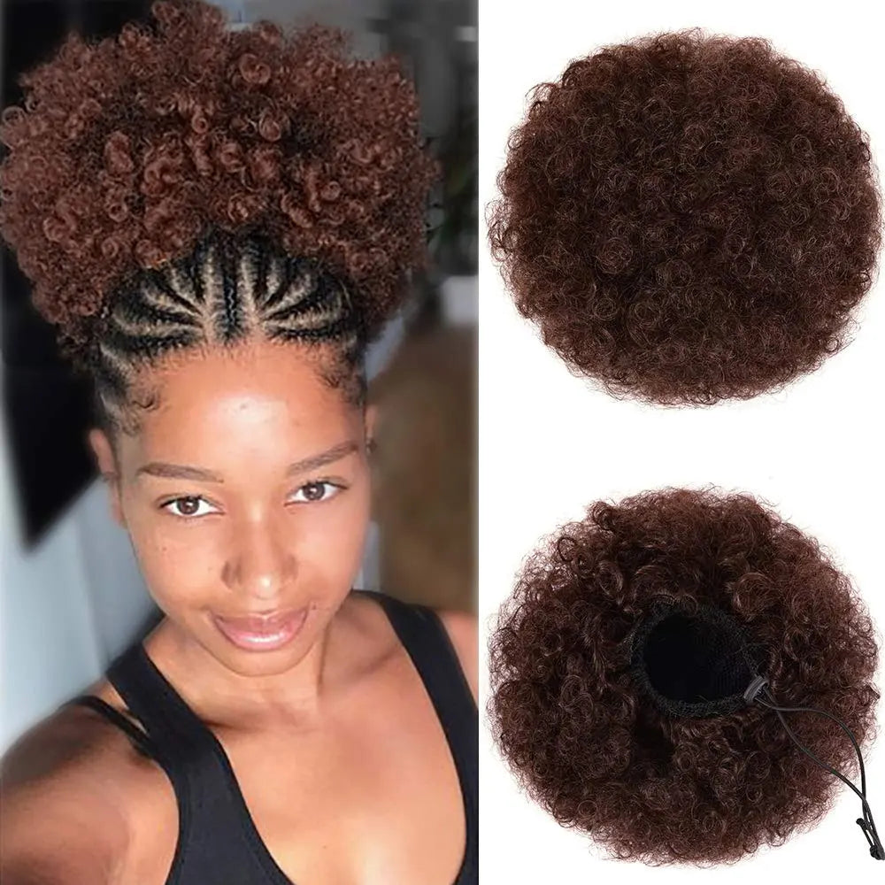 A woman shows off a dark brown kinky drawstring ponytail extension hairstyle.