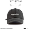 A dark gray baseball cap with embroidered text on the front, shown from above.