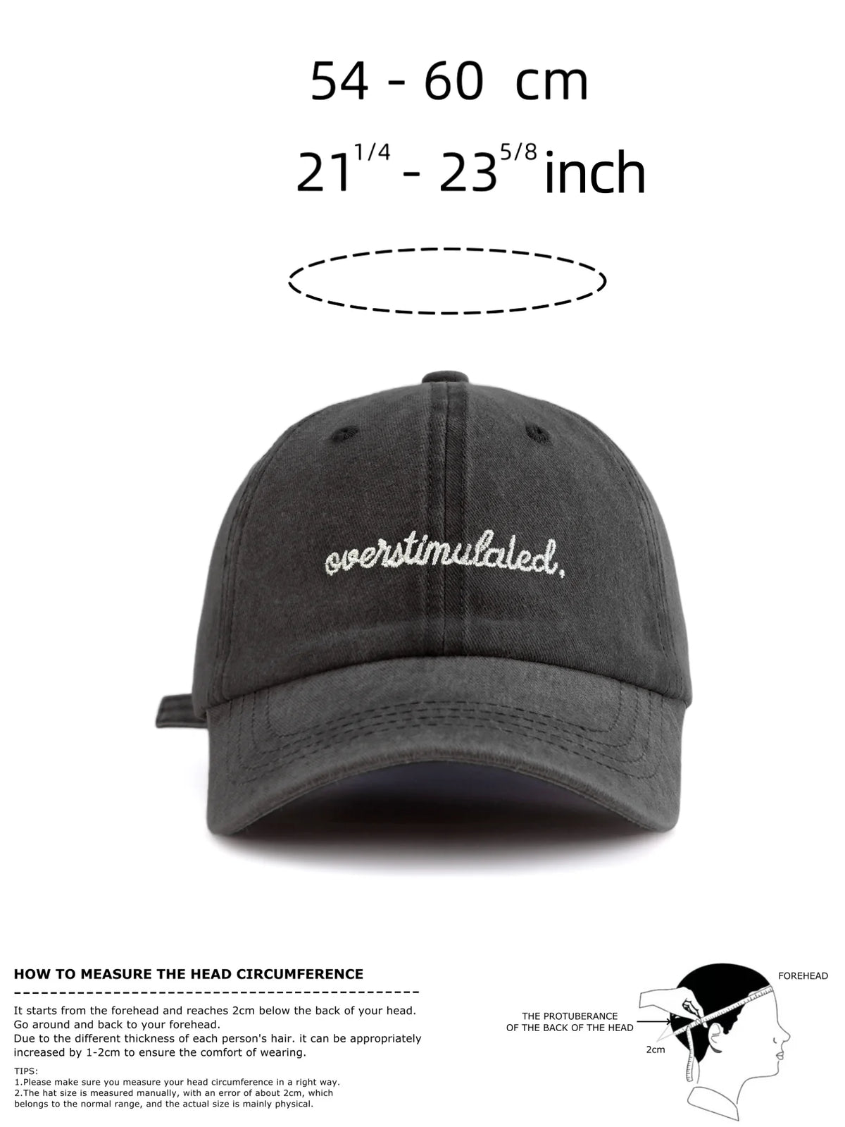 A dark gray baseball cap with embroidered text on the front, shown from above.