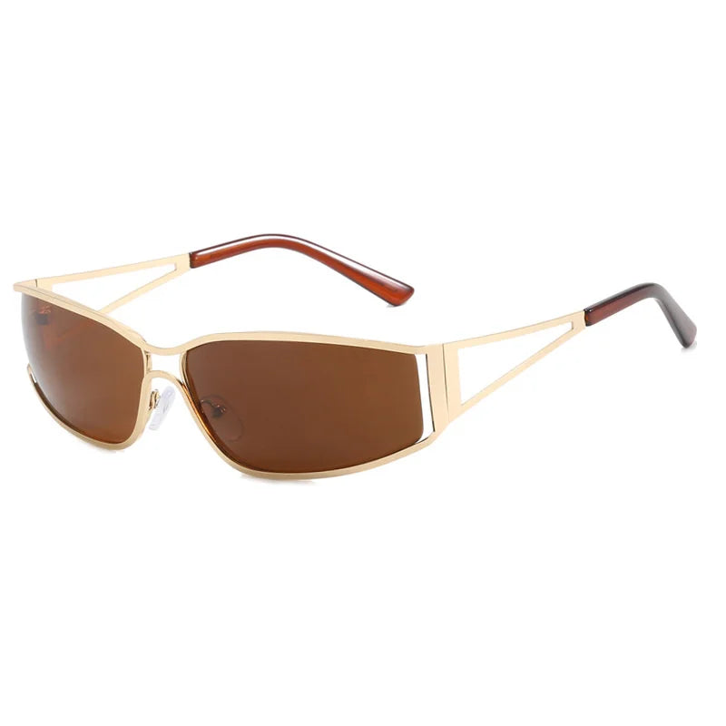 Brown gradient mirror sunglasses with thin gold metal frames and wooden accents