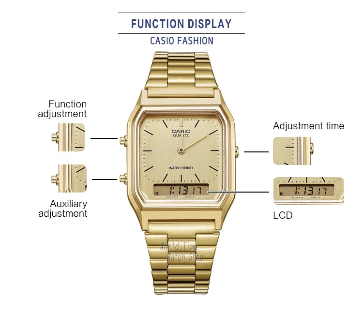 A gold-toned Casio watch with a square face and metal band, showing various adjustment features.