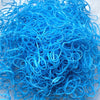 A pile of bright blue disposable hair scrunchies for ponytail holders.