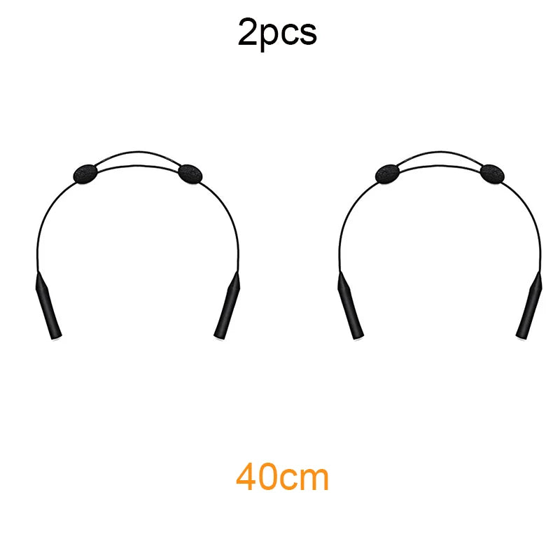 Two adjustable silicone eyewear straps, 40cm long, shown against a white background.