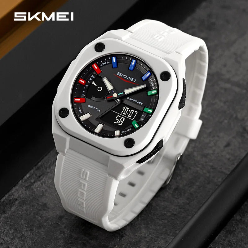 A white SKMEI digital sports watch with a black strap and a dark background.