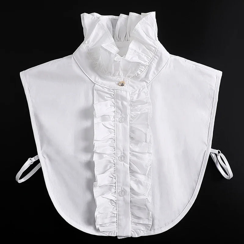 White blouse with a ruffled false collar and detachable neckline